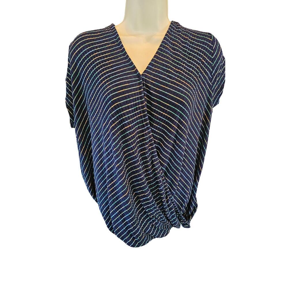 C&B L ribbed stretch 90s striped faux wrap short sleeve stretch career casual